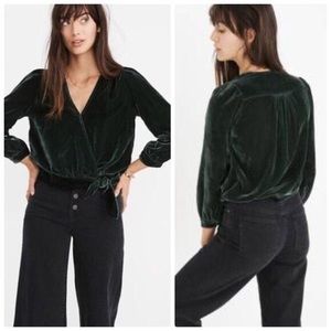 Madewell Velvet Wrap V-Neck Top - Dark Green Size XXS